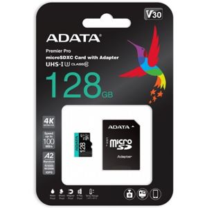 ADATA Premier Pro microSDHC 128GB 100R/80W UHS-I U3 Class 10 A2 V30S + Adaptér AUSDX128GUI3V30SA2-RA1