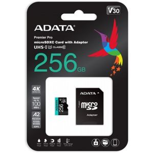 ADATA Premier Pro microSDHC 256GB 100R/80W UHS-I U3 Class 10 A2 V30S + Adaptér AUSDX256GUI3V30SA2-RA1