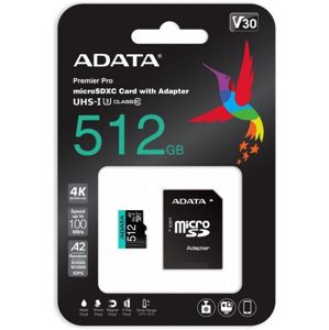 ADATA Premier Pro microSDHC 512GB 100R/80W UHS-I U3 Class 10 A2 V30S + Adaptér AUSDX512GUI3V30SA2-RA1